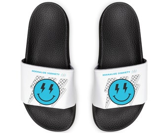 Addiction Recovery Sliders - Normalize Sobriety Smiley Face - Removable-Strap Mental Health Sandals