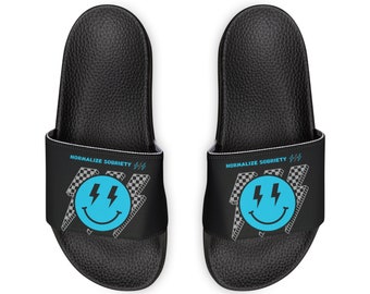 Addiction Recovery Sliders - Normalize Sobriety Smiley Face - Removable-Strap Sobriety Sandals