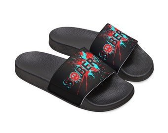 Addiction Recovery Sliders - Sober AF Smiley Face - Removable-Strap Sandals