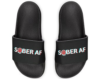 Addiction Recovery Sliders - Sober AF Smiley Face - Removable-Strap Sandals