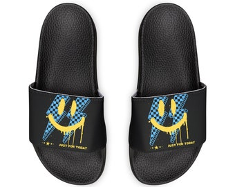 Addiction Recovery Sliders - Just For Today Smiley Face - Removable-Strap Sobriety Sandals